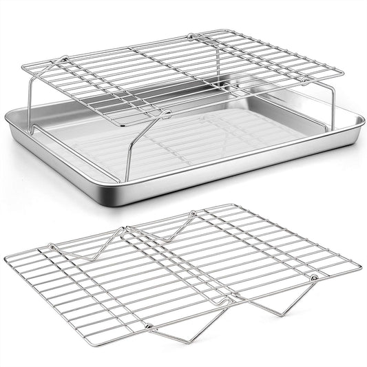 Baking Sheet and 2-Tier Cooling Racks Set,  Stainless Steel Baking Pan Tray with Stackable Cooking Wire Rack for Cookie Bacon Meat, Uncoated & Non-Toxic, Mirror Finish& Dishwasher Safe - 3Pcs