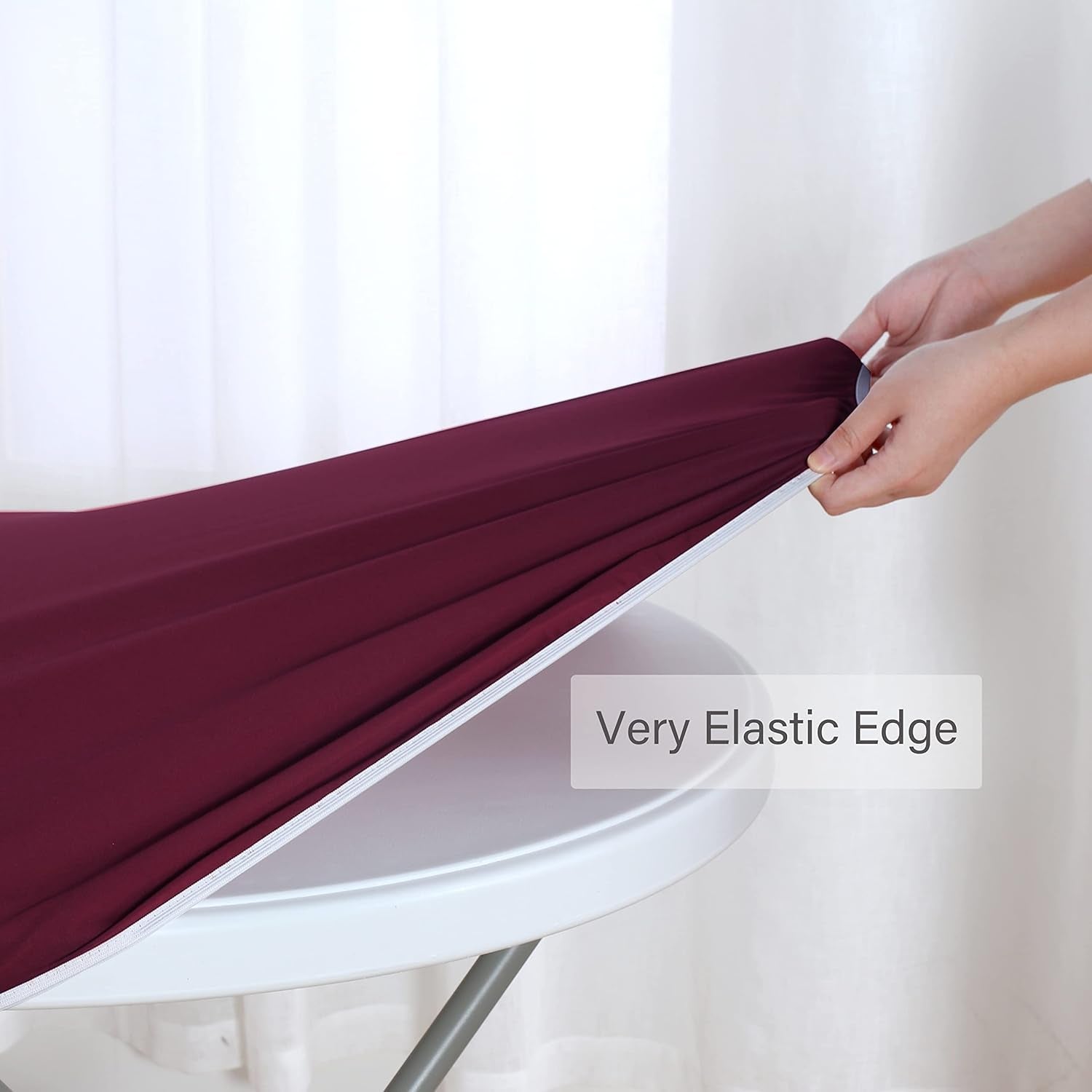 Fitted round Table Cloth, Reversible Waterproof Stain Resistant Elastic Stretch Tablecloth, Wipe Clean Table Cover for Outdoor/Indoor Use, Fits round Tables up to 40" - 44" Diameter, Burgundy
