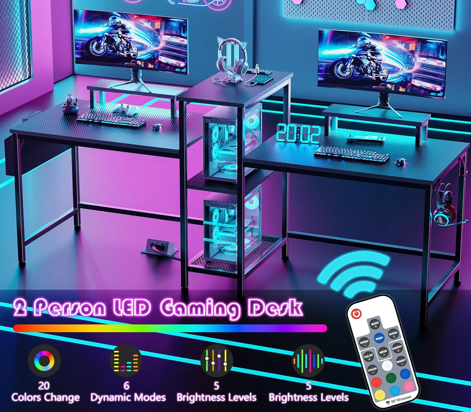 2 Person Gaming Desk with LED Lights, 71 Inch Computer Desk with Power Outlets and Monitor Stand, Double Desk with Storage Bag and Headphone Hooks, Study Writing Table for Home Office, Black