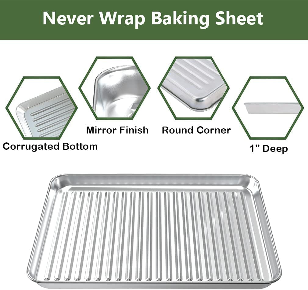 Stainless Steel Baking Sheet and Rack Set (2 Pans + 2 Racks) - Nonstick, Heavy Duty, Warp Resistant, Rust Free, Size 16 x 12 x 1 Inches