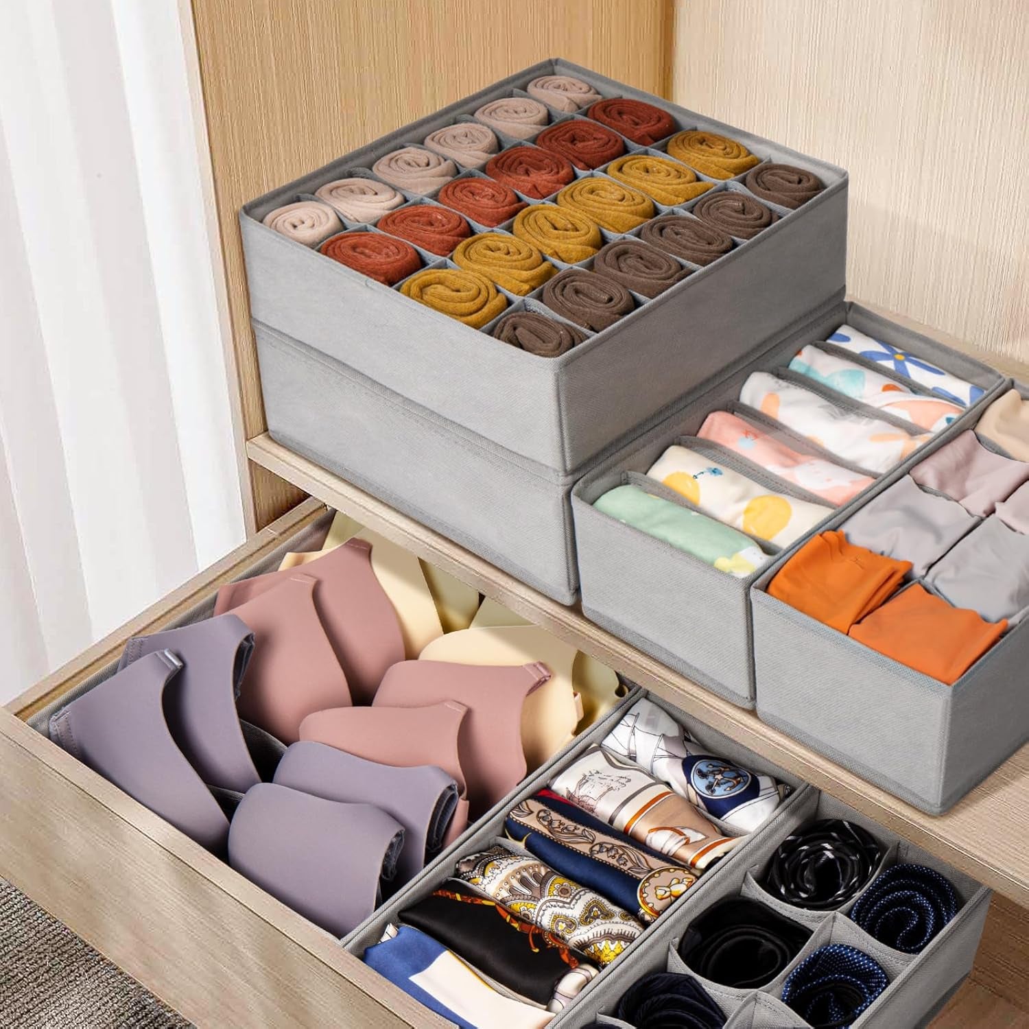 16 Pack Sock Underwear Drawer Organizer, 96 Cells Dresser Organizer for Baby Clothes, Foldable Fabric Closet Organization and Storage Dividers Bins for Nursery, Bedroom