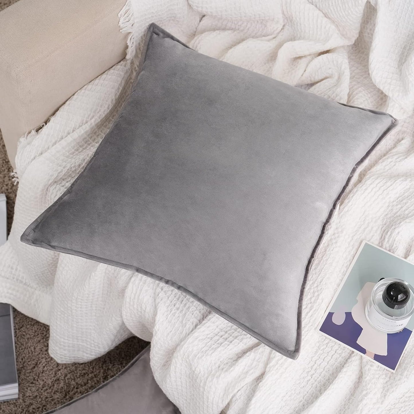 Velvet Light Grey Throw Pillow Covers 18X18 Inches Pack of 2 Soft Decorative Square Cushion Covers for Couch Sofa Bed Livingroom,45X45Cm.Gray