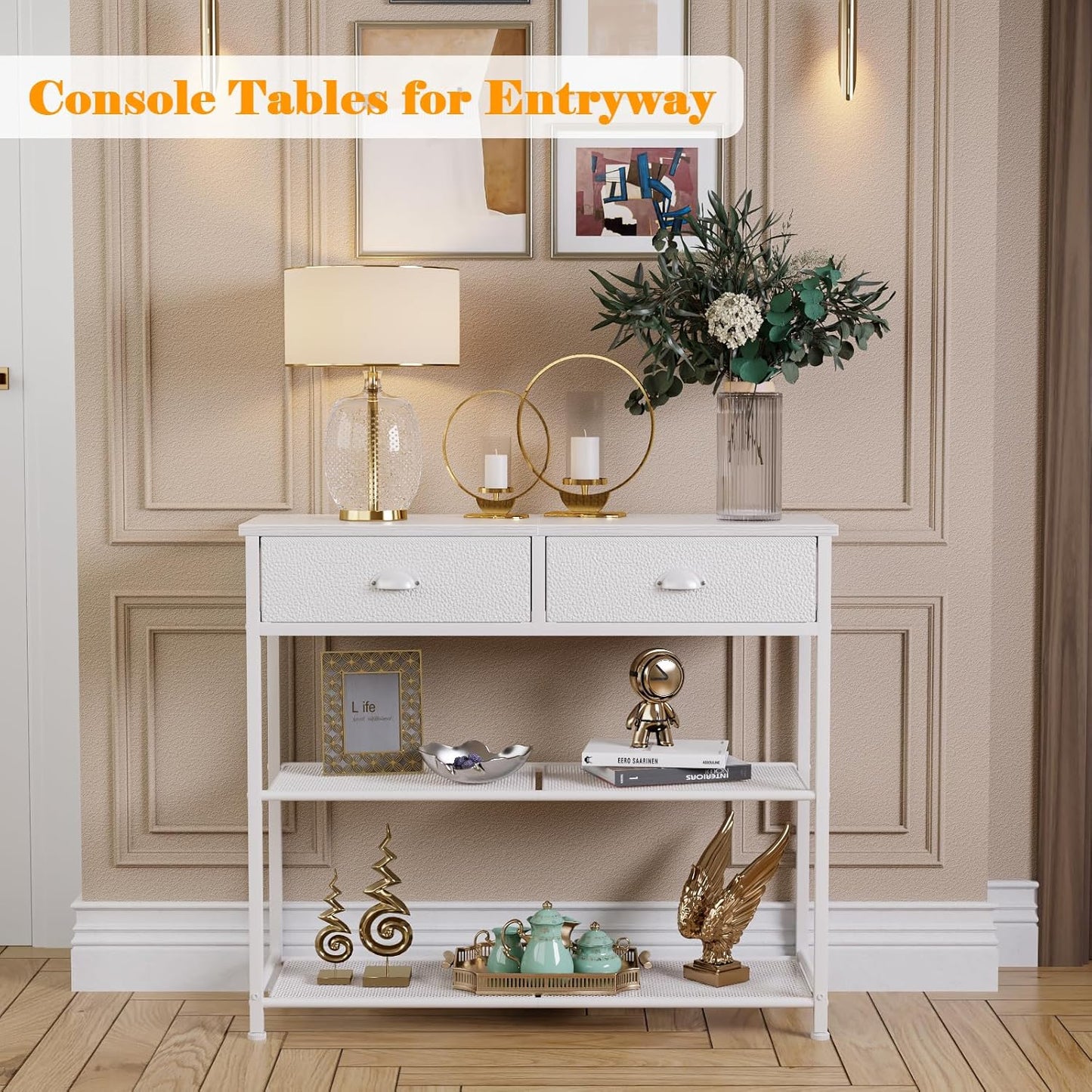 30'' Entryway Table, White Console Table with Storage, Narrow Sofa Table with 2 Drawers and 2 Shelves for Hallway, Living Room, Bedroom, Foyer, Couch, Tv