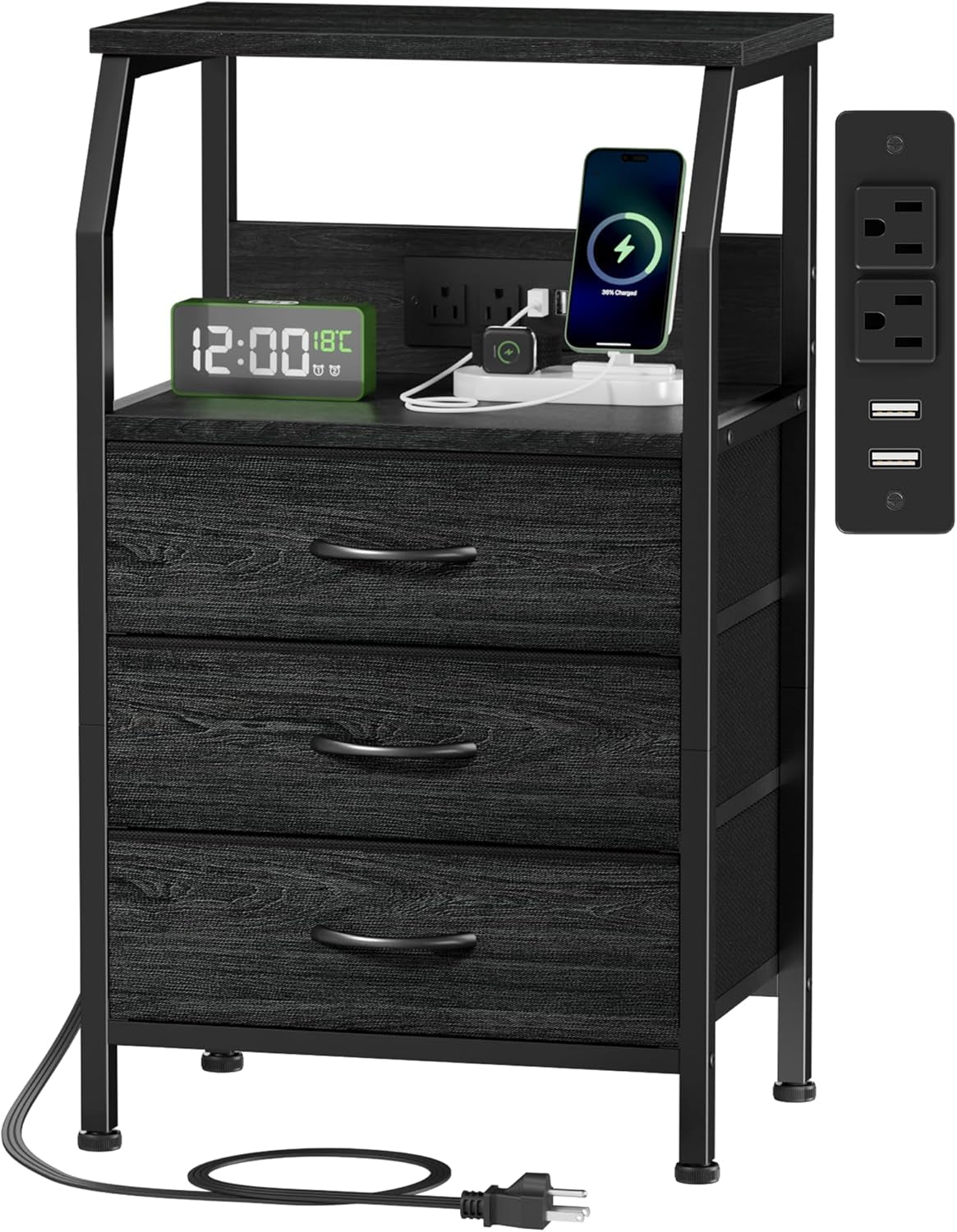 Black Oak Night Stand with Charging Station - 28.3 Inch Tall Side Table Featuring Fabric Drawers, Storage Shelf, USB Ports, and Outlets for Versatile Bedroom Use