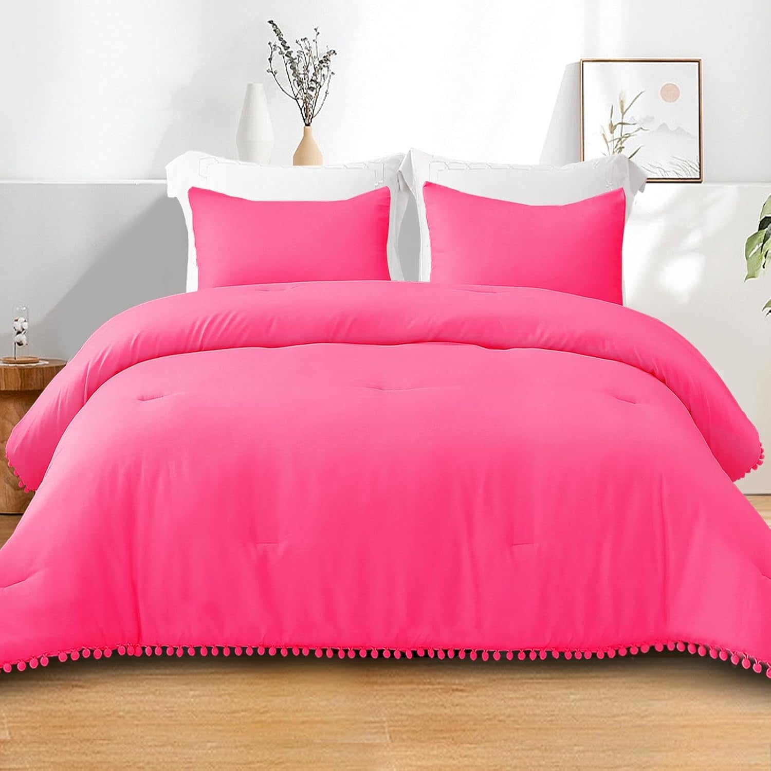 Bohemian Pom Pom Ball Fringe Queen Comforter Set, 3-Piece Lightweight Down Alternative Bedding for All Seasons in Hot Pink