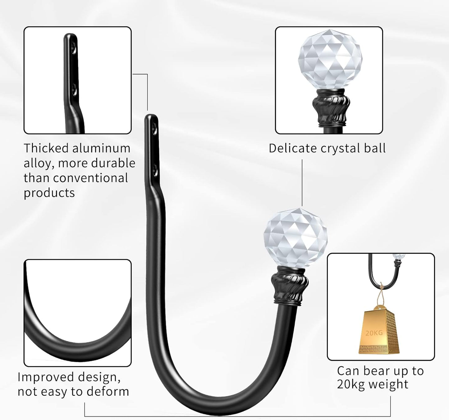 Curtain Holdbacks Black 2Pcs, Curtain Tiebacks Wall Mounted Curtain Hooks Holders for Drapes