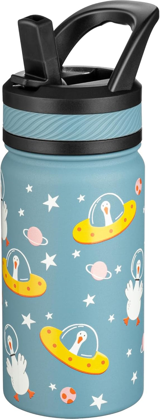 14 Oz Kids Insulated Water Bottle with Straw - Stainless Steel Double Wall Vacuum Cup, Leakproof, BPA Free, Suitable for Boys and Girls(Cyan - Duck in Space)