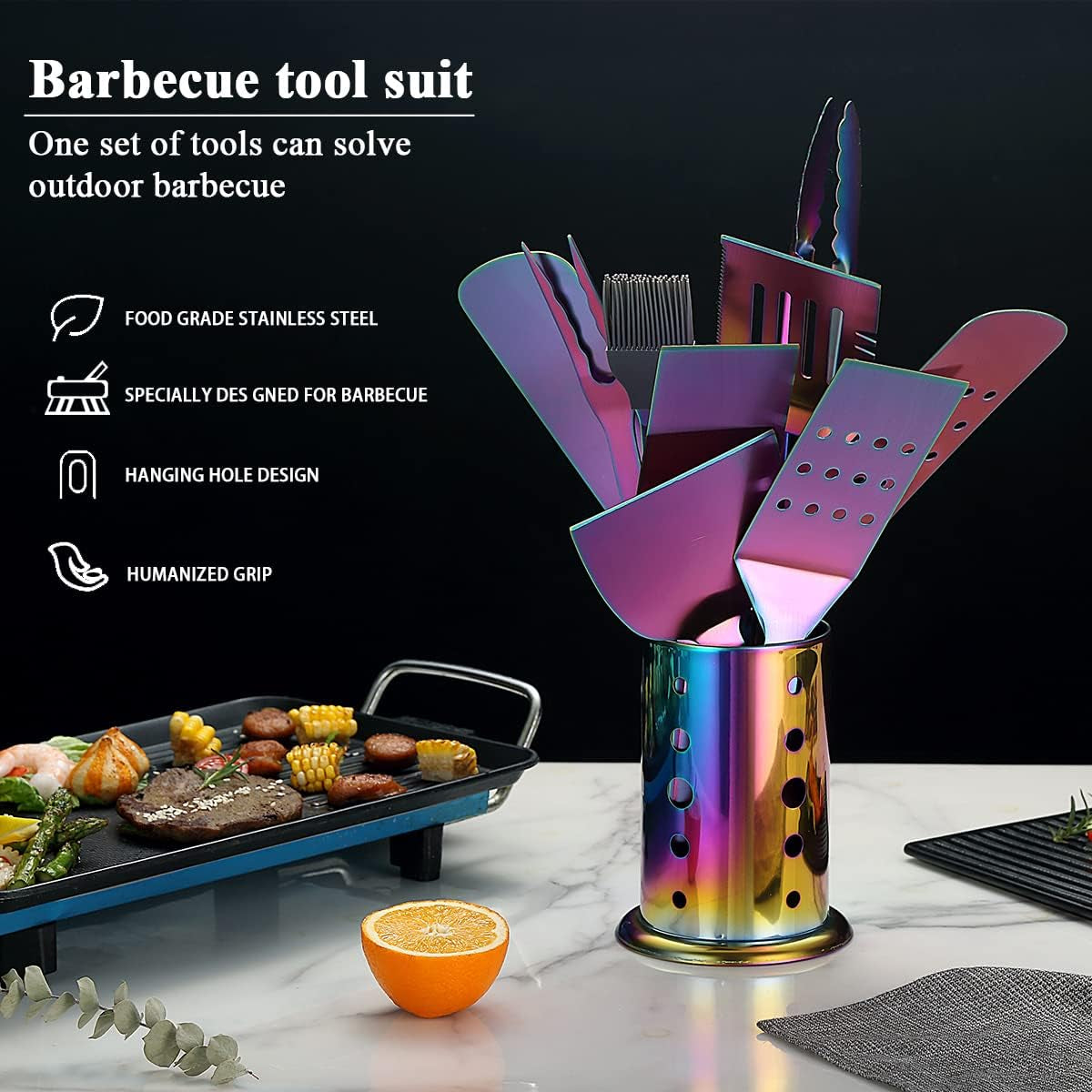 Premium 10-Piece Rainbow Grill Accessories Kit with Utensils Holder, Featuring Stainless Steel Handles and Heat-Resistant Bakelite Components