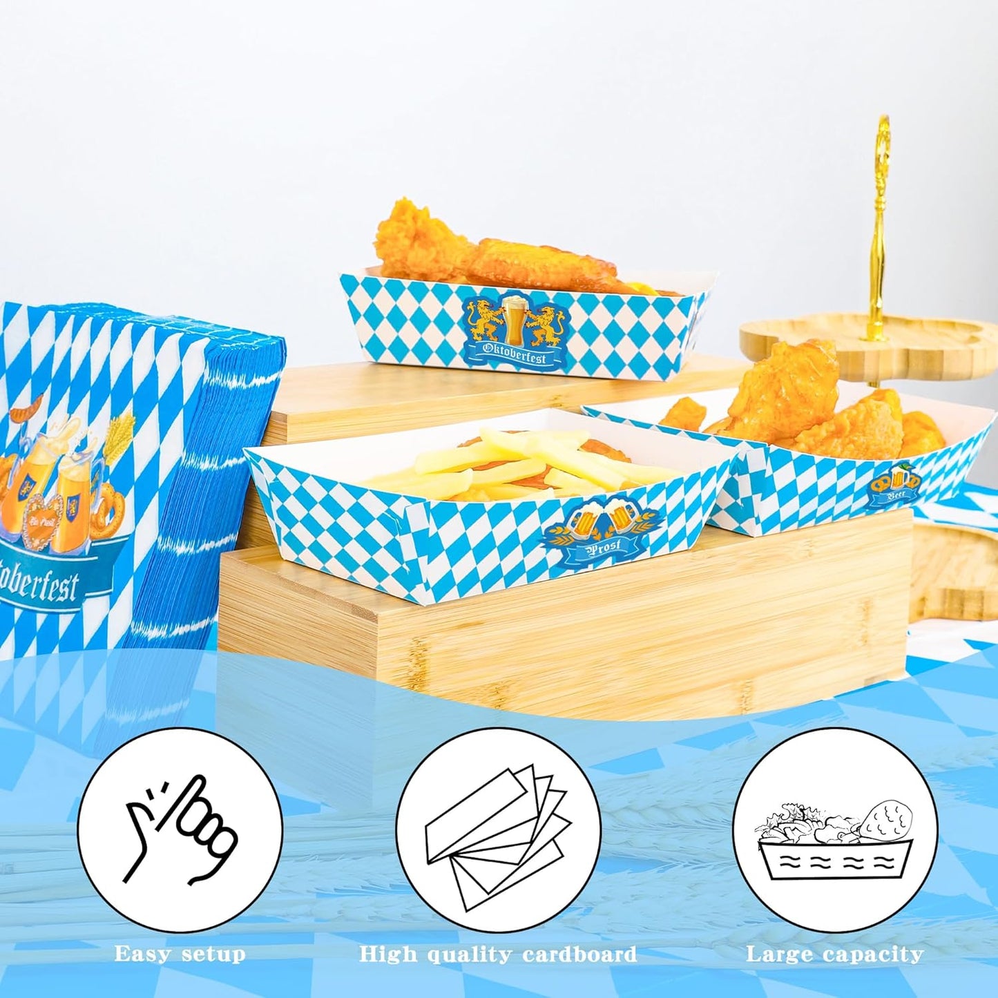 30 PCS Oktoberfest Decoration, Oktoberfest Food Trays with 3 Designs, Disposable Beer Gathering Supply, Paper Snack Take Out Food Serving Tray Blue White Checkered Tray Oktoberfest Party Supplies