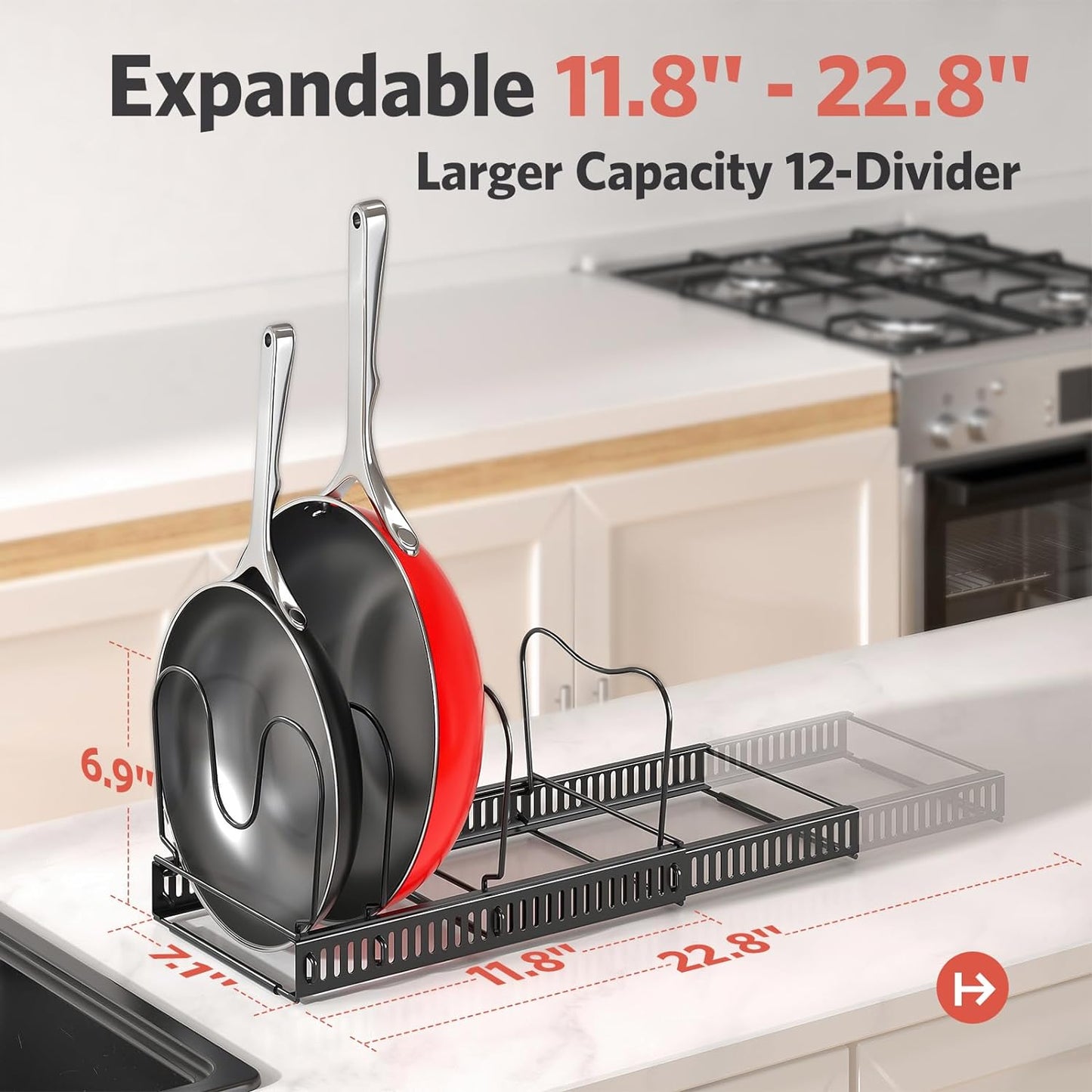 Pots and Pans Organizer under Cabinet with Pan Holder: Expandable 11.8"-22.8" Kitchen Cabinet Organizer Rack, 12 Adjustable Dividers Storage for Cookie Sheets, Cutting Boards & Heavy Cookware