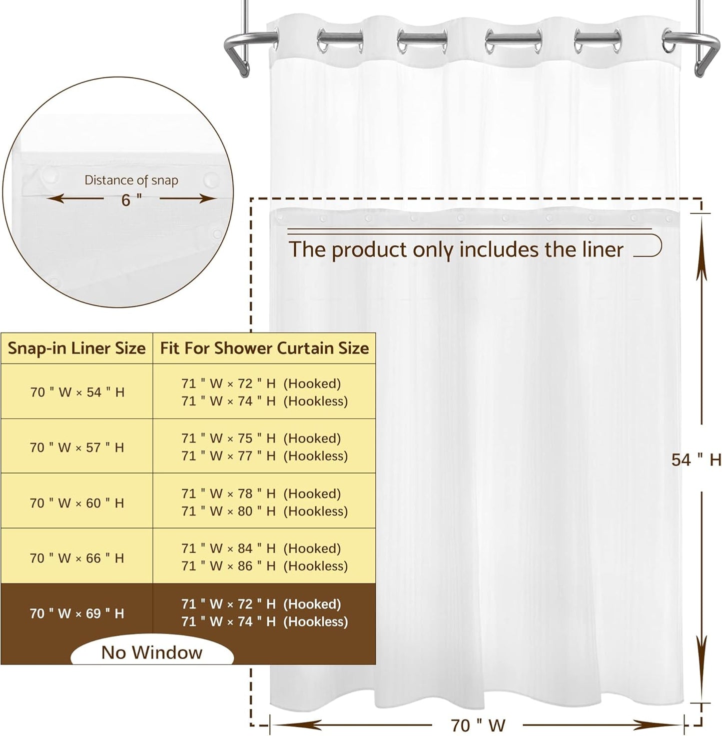 Fabric Snap-In Shower Curtain Liner Replacement, Removable & Washable, Hotel Style, 70X54, White