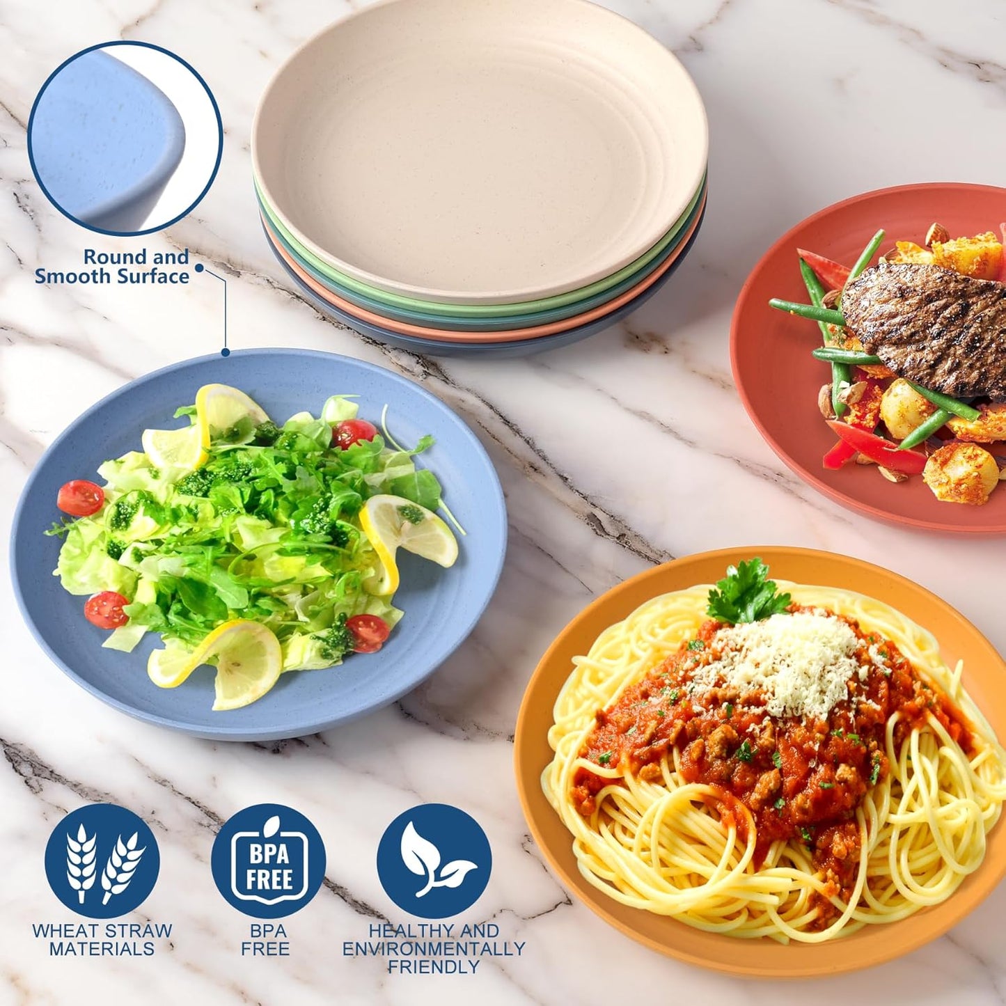 8-Pack 8Inch BPA Free Unbreakable Deep Plastic Plates, Wheat Straw Camping Plates Dishwasher Safe Kitchen Plates Dinnerware Multicolor
