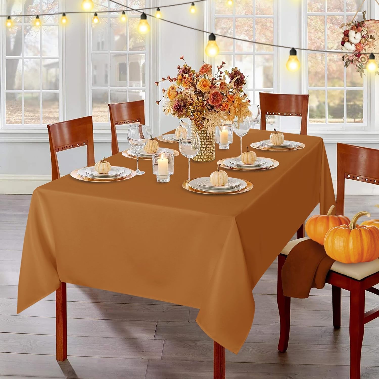 Fall Tablecloth Rectangular for 6 Foot Tables - 60 X 102 Inch - Stain and Wrinkle Resistant Rectangle Table Cloth, Fabric Thanksgiving Table Cover for Dining Tables, Buffet Parties, Bronze