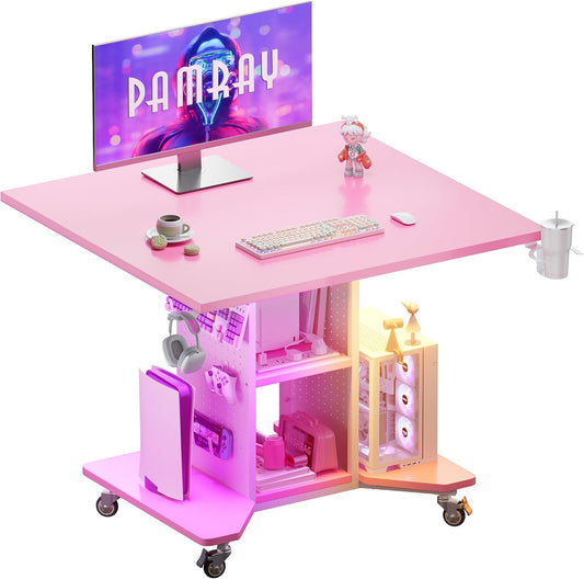 Small Rolling Gaming Desk with Led Lights Power Outlets and Storage Pegboard, Small Spaces Compact PC Computer Table Pink