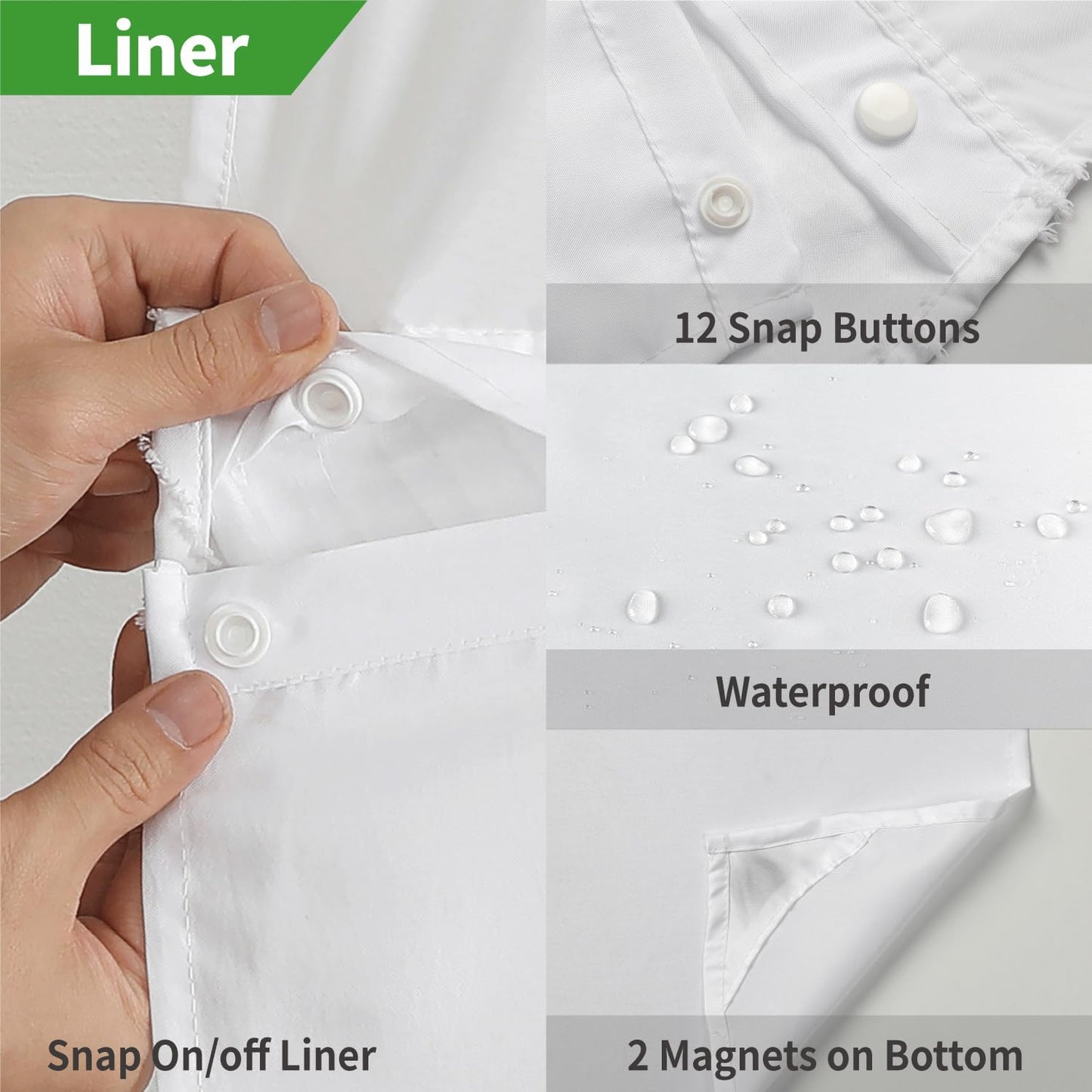 No Hook Shower Curtain and Liner Set,No Hook Tufted Striped Textured Shower Curtain with Snap in Liner Replacement and Waterproof Fabric,Boho Style with See through Top Window,White,71Wx74H