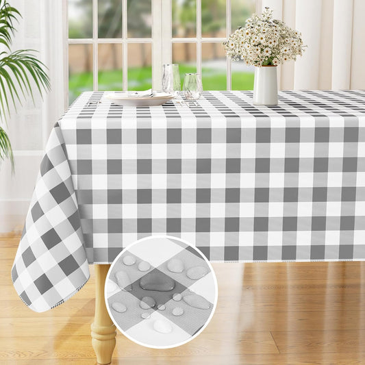 Rectangle Waterproof Vinyl Table Cloth, Buffalo Flannel Backed Tablecloth, Wipeable Plastic Table Cover for Dinner, Kitchen, Outdoor (60" X 84", Grey and White)