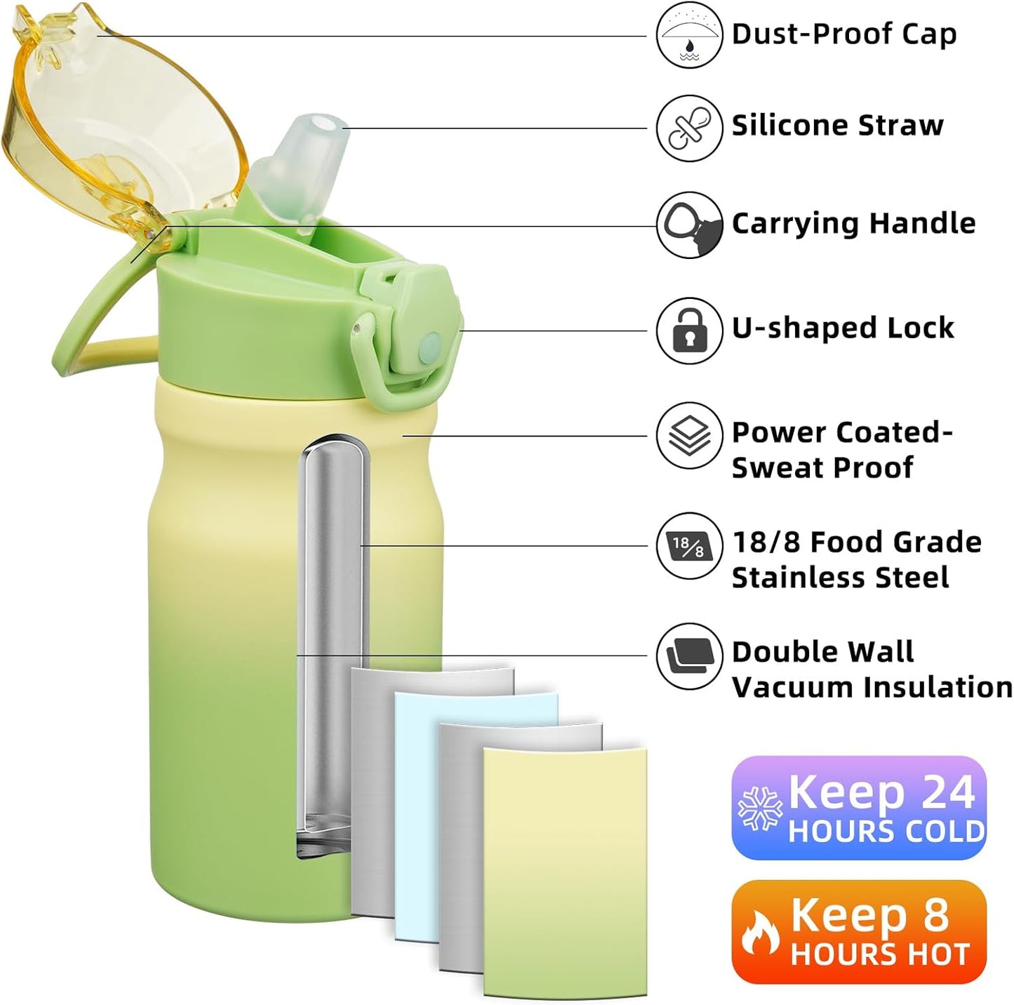 Water Bottle with Straw 14Oz Insulated Water Bottles Reusable Stainless Steel Metal Thermo with Leak Proof Lockable Lid and Carry Handle,Lime