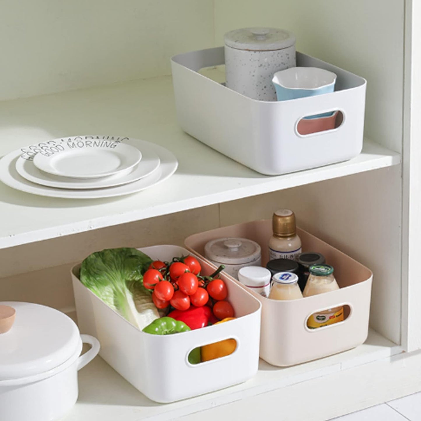 White Plastic Storage Baskets 8 Pack, Small Pantry Baskets for Organizing, Organizer Basket Bins for Shelves, Organizer and Storage for Bathroom, Bedrooms, Kitchens (Medium)