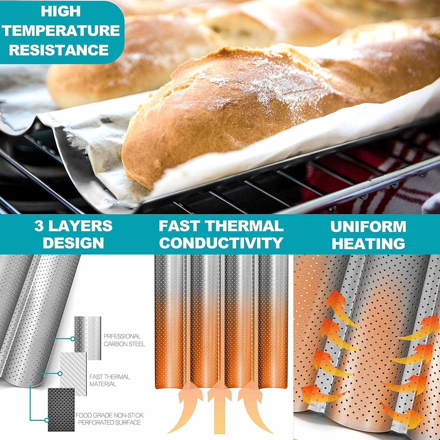 Nonstick French Baguette Bread Pan with Thick Professional Proofing Cloth Dough Couche - Long Sourdough Bread Baking Pan Tray for Professional & Home Baker, Perforated Loaves Bake Mold Supplies
