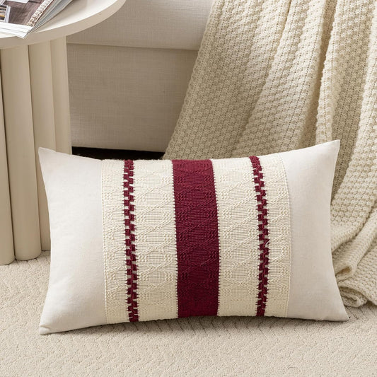 Set of 1 Burgundy Boho Long Lumbar Decorative Throw Pillow Cover 12X20 Inch for Couch Bed Sofa, Aesthetic Modern Farmhouse Christmas Room Decor, Soft Cotton Cute Wind Red Cushion Case