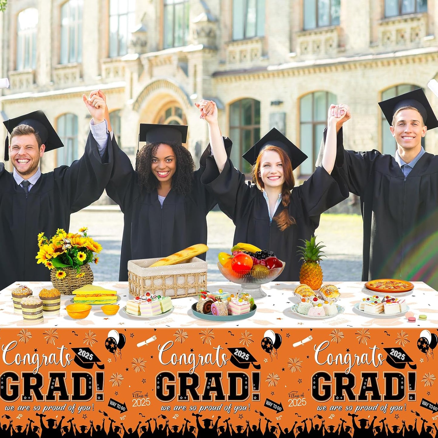 12Pack Graduation Tablecloth Party Decorations, Class of 2025 Congrats Grad Plastic Tablecover Party Supplies, Orange Rectangle Graduation Table Decorations for College High School Party, 54 X 108Inch