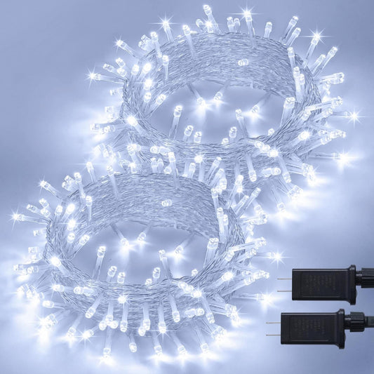 2 Pack 100 LED White Christmas Lights Indoor, 33Ft 8 Modes White String Lights Indoor Outdoor Connectable, Clear Wire Christmas String Lights for Bedroom Tree Xmas House Party Decorations