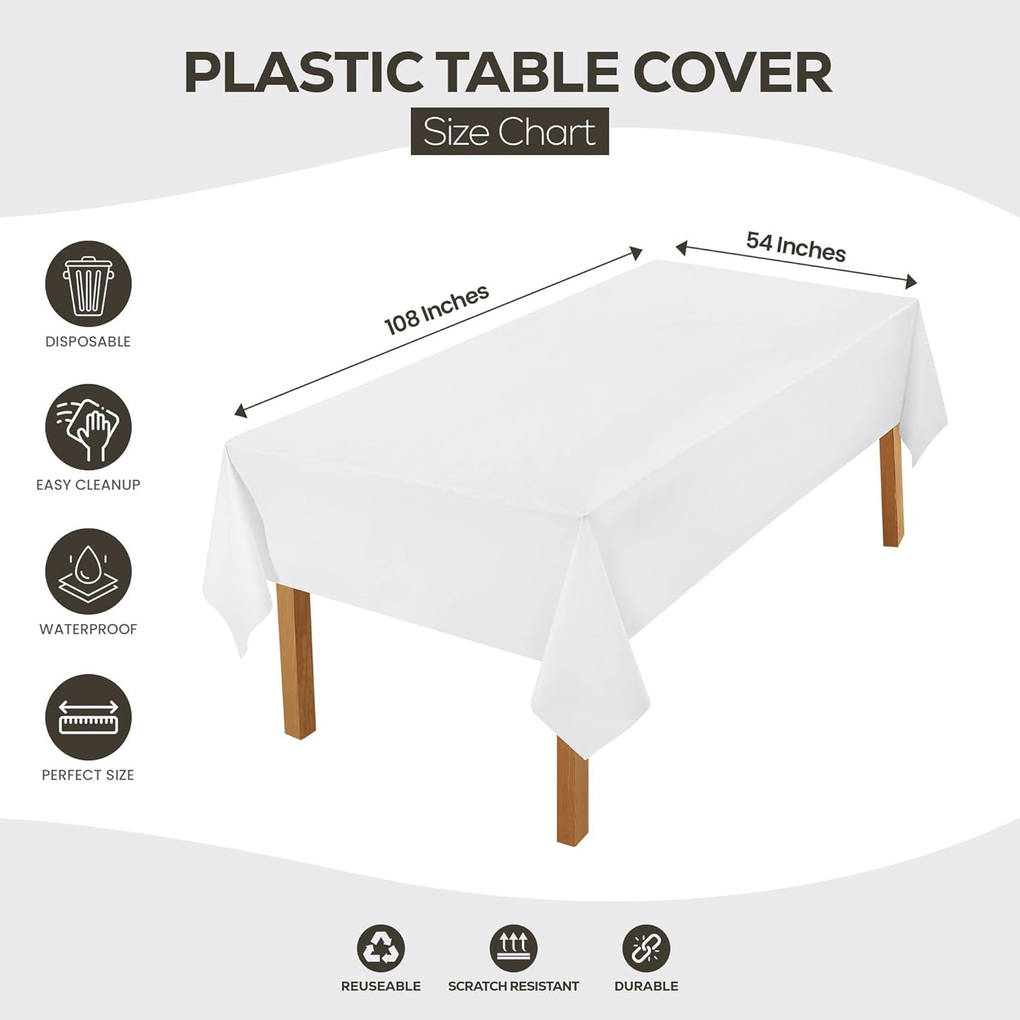 Plastic Table Cloth Disposable (12 Pack - 54X108 Inch) White Rectangle Tablecloth Waterproof Stain Resistant Party Table Cover