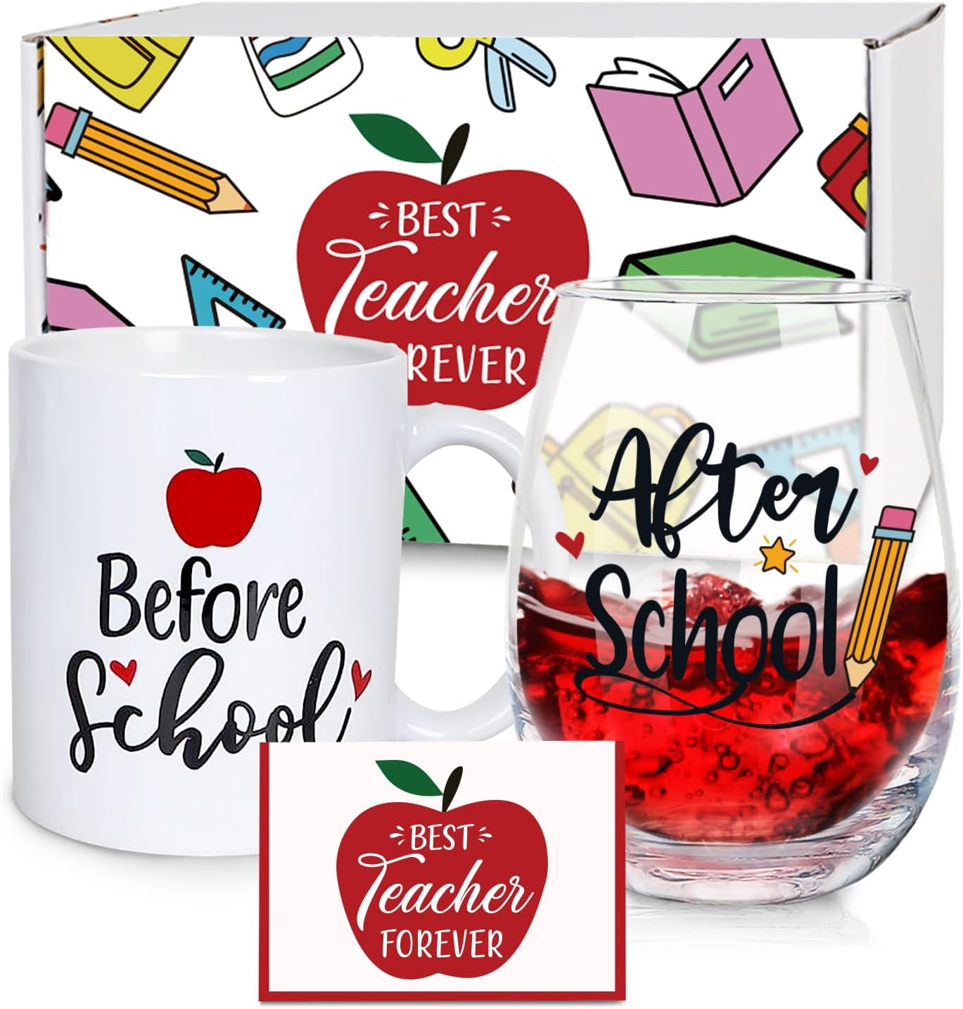Teacher Appreciation Gifts for Women - 11Oz Coffee Mug & 19Oz Wine Glass, Funny & Thank You Gifts, before & after School Drinks
