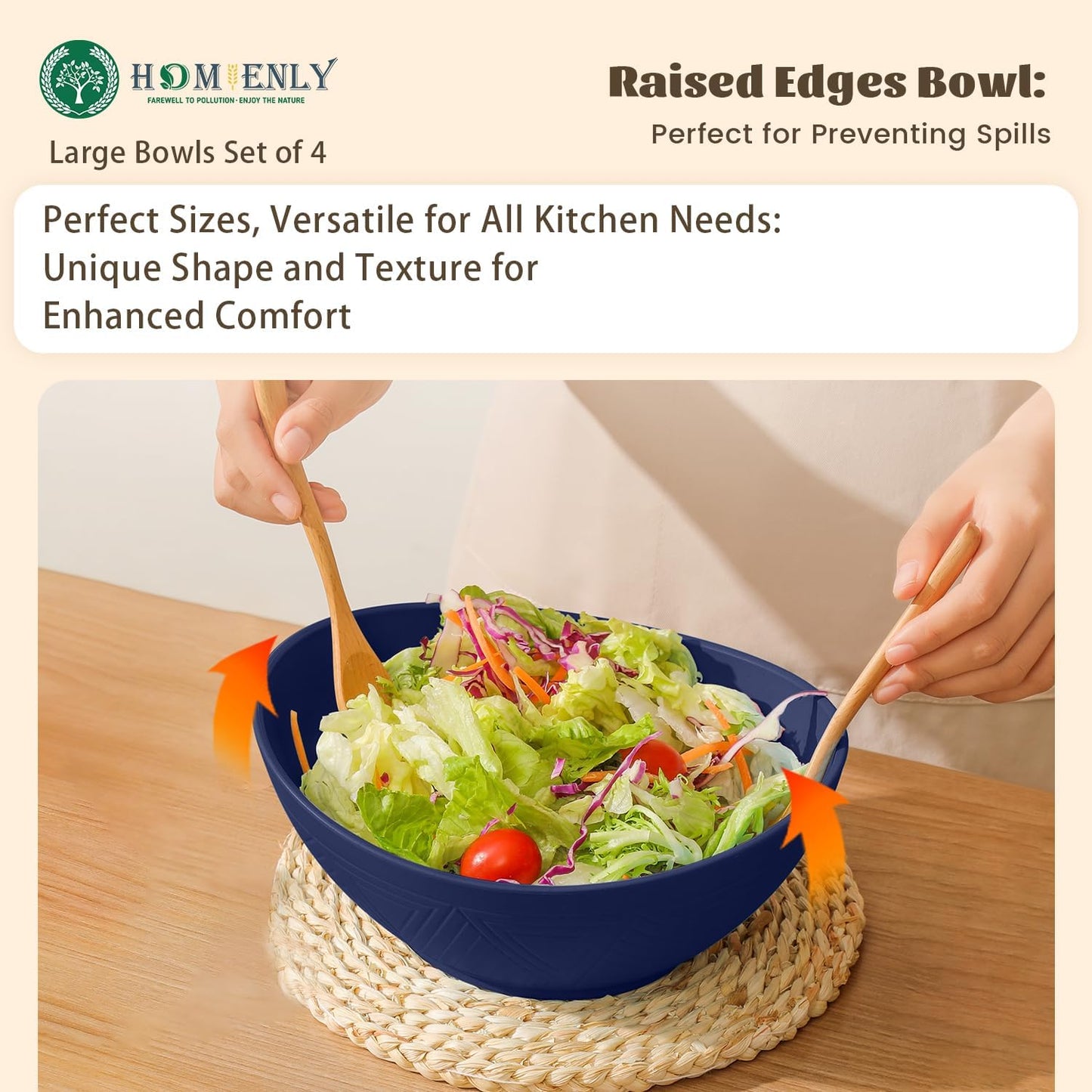 Wheat Straw Oval Serving Bowls, 9.6 Inches, Set of 4 - Dark Blue, 60 OZ Capacity, Microwave and Dishwasher Safe, Perfect for Salads, Popcorn, and Events