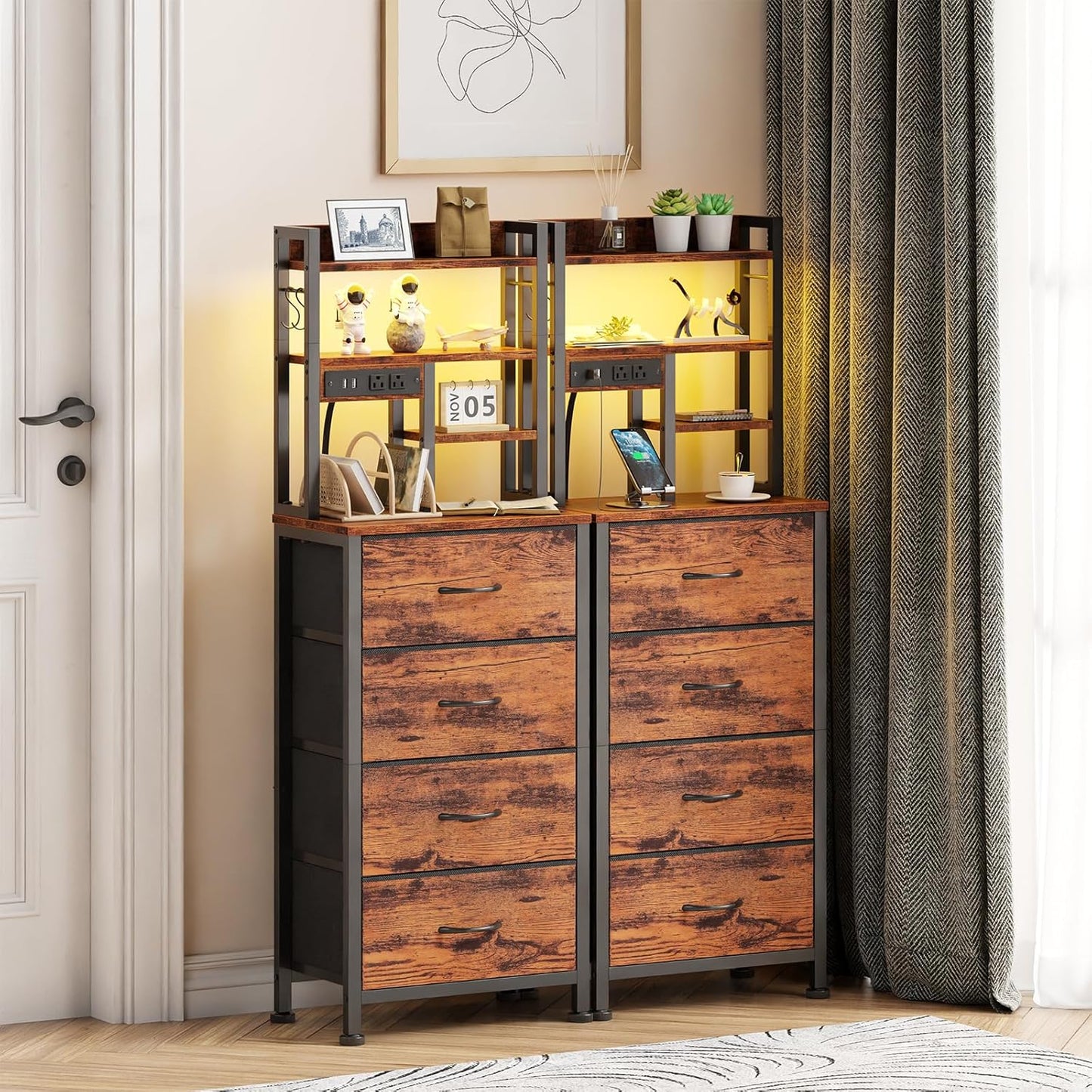 Tall Nightstand with LED Charging Station, USB Ports, Four Fabric Drawers, and Four-Tier Storage Shelf - Rustic Brown Bedside Table for Bedroom, Home, Dorm, and Office