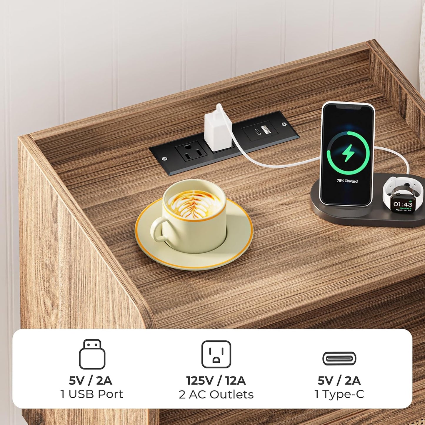 Walnut Nightstand with Integrated Charging Station and Rattan-Style Drawer, Solid Wood Legs, Open Storage Design for Bedroom, Living Room, and Dormitory