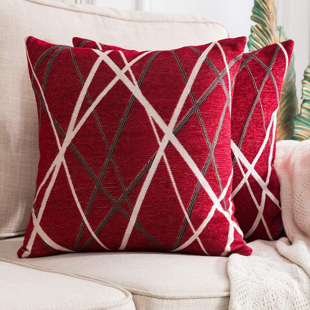 Pack of 2 Decorative Throw Pillow Covers Christmas Woven Textured Chenille Cozy Modern Concise Soft Red Square Cushion Shams for Bedroom Sofa Car 18 X 18 Inch