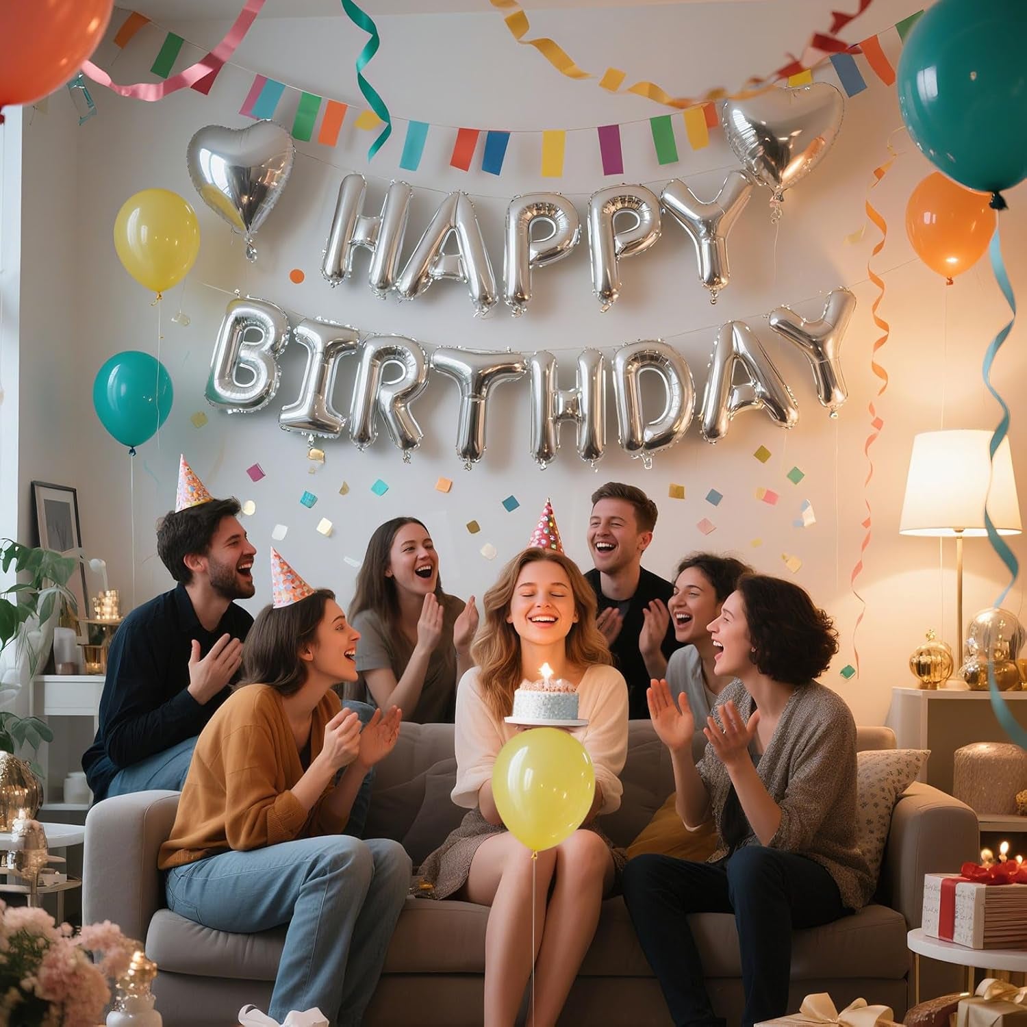 Silver Happy Birthday Banner, 13Pcs Mylar Foil 3D Letter Balloons Happy Birthday Sign Balloon for Wall Backdrop Baby Shower Welcome Party Supplies and Decorations for Women, Men, Boys & Girls