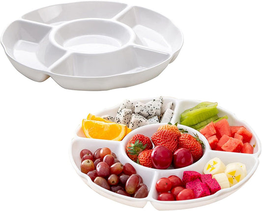 Set of 2Pcs 10 Inch Melamine Serving Tray with 5 Compartments, Divided Serving Platter for Appetizer, Snack, Veggie, Fruits (White)