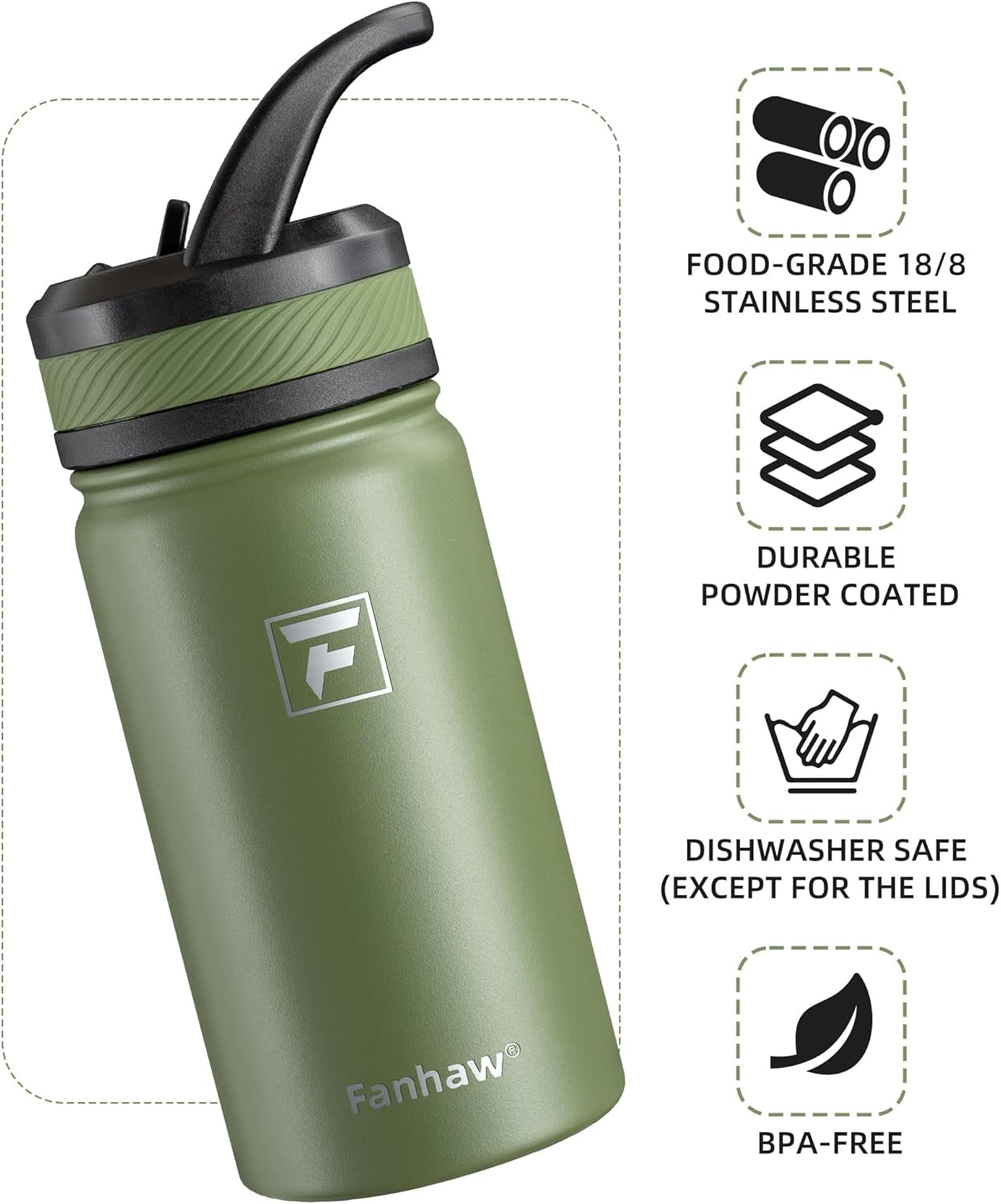 14 Oz Kids Insulated Water Bottle with Straw Lid – Stainless Steel Double Wall Vacuum, Leak-Proof, Bpa-Free Water Bottles for School Boys & Girls(Olive Green)