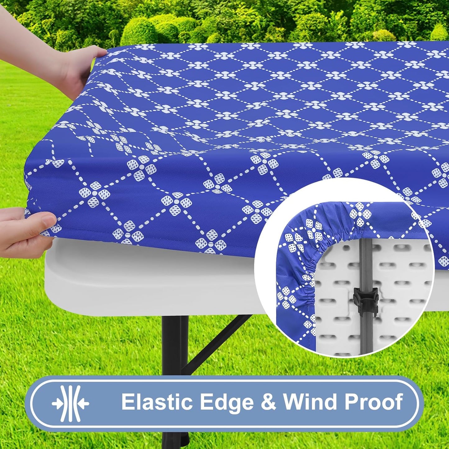Rectangle Vinyl Table Cloth, Elastic Fitted Tablecloth with Flannel Backing, Waterproof Plastic Table Cover Fits 6 Foot Folding Tables for Camping, Indoor and Outdoor (Blue, 30" X 72")