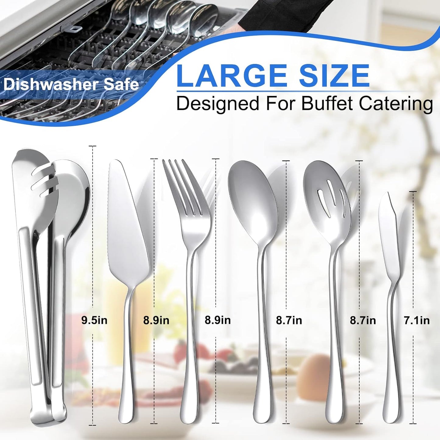Serving Utensils, Set of 6 Large Serving Spoons Forks Tongs Butter Knife and Pie Server, Thickened Stainless Steel Buffet Catering Flatware Serving Set for Party Banquet