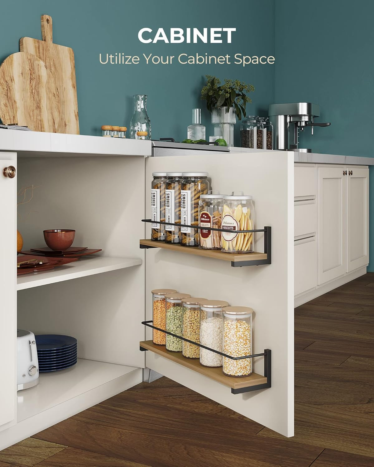 Spice Rack Wall Mounted, Rustic Wood Hanging Rack for over the Stove, Kitchen Wall, 2 Pack