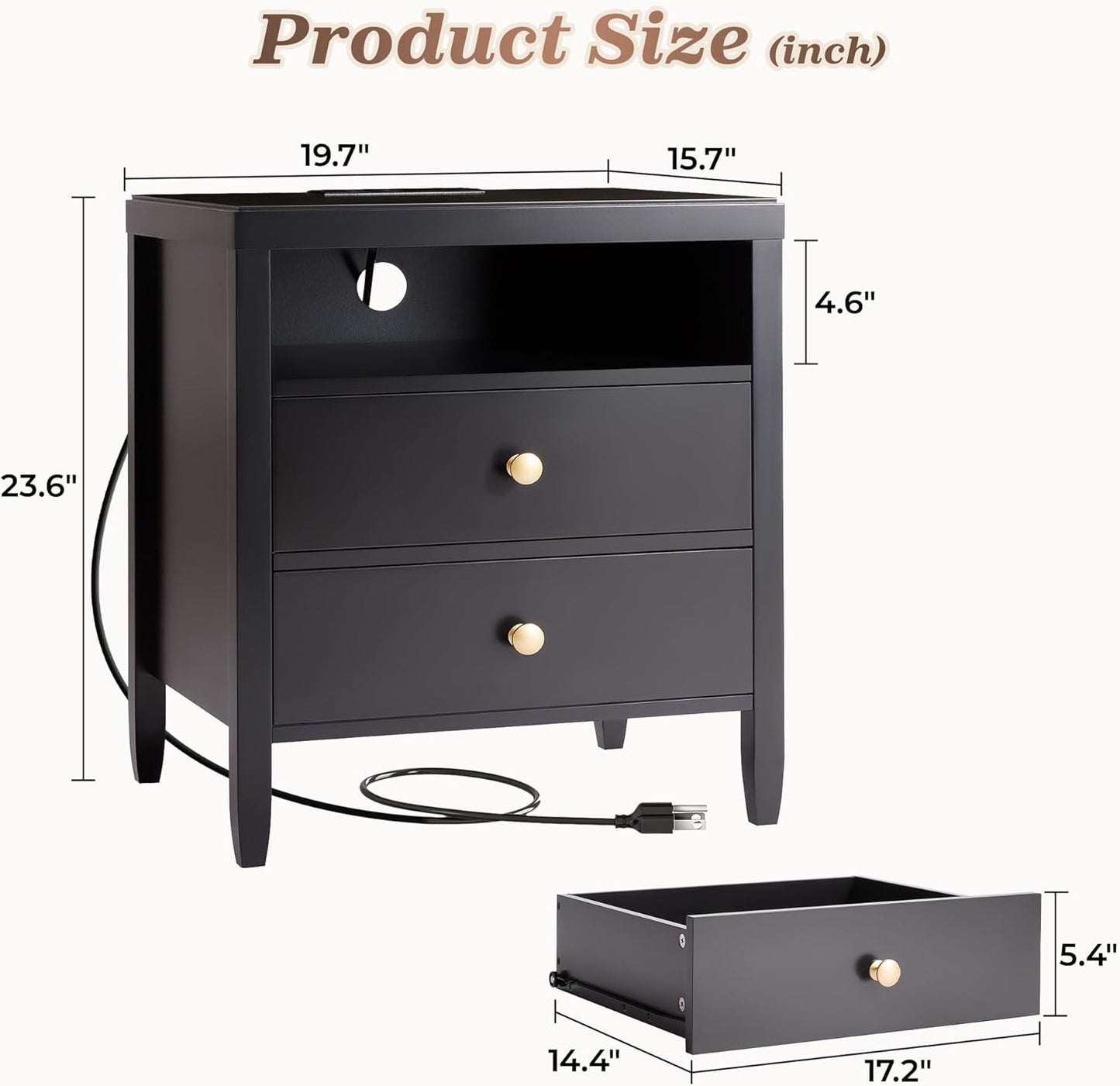 Modern Black Nightstand with Charging Station and Two Drawers, Stylish Bedside Table with Storage Solutions and Metal Knobs