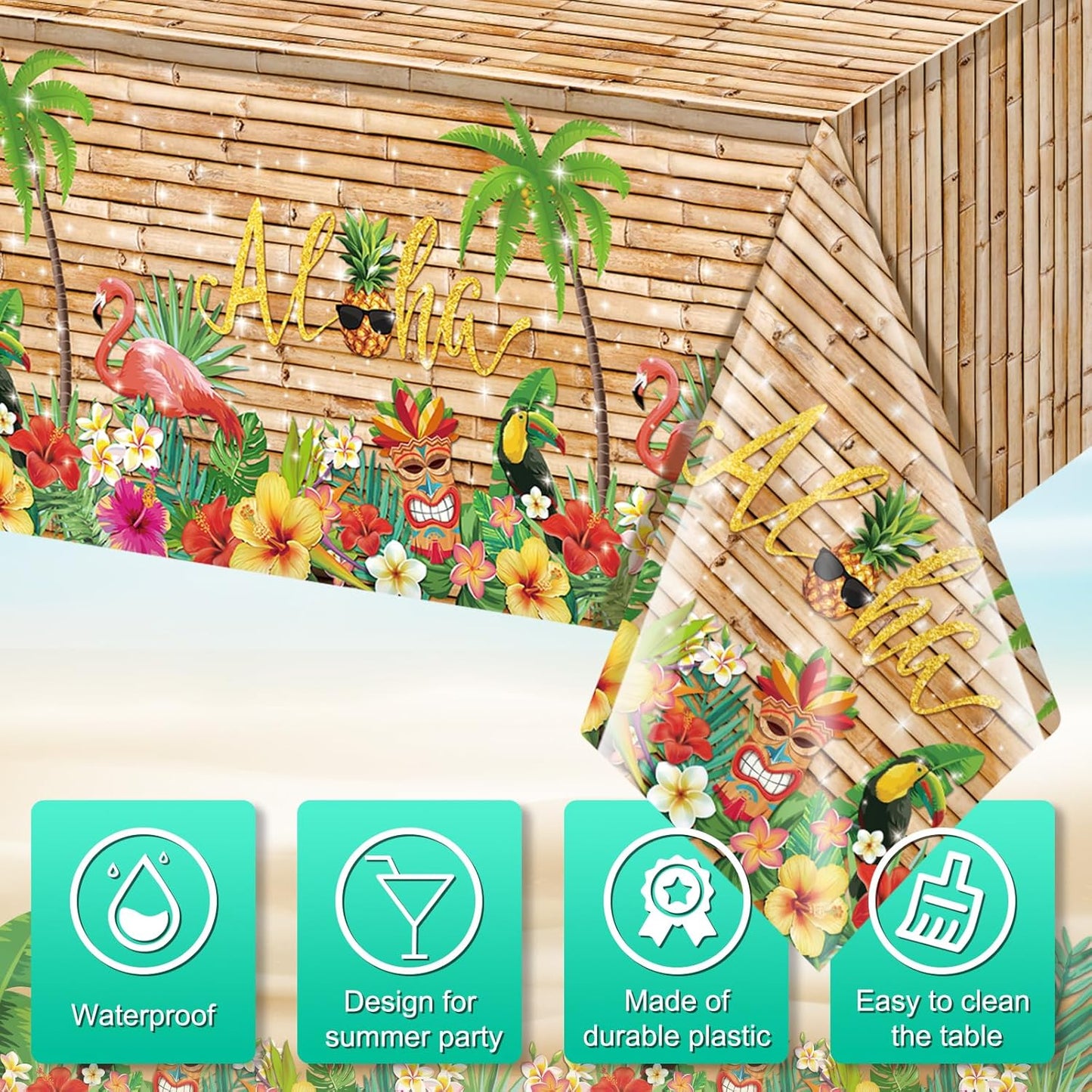 3Pcs Hawaiian Luau Tablecloth Tiki Party Tablecloths Tropical Table Cloth Plastic Disposable Rectangle Table Covers for Tiki Bar Tropical Summer Beach Pool Birthday Party Decorations ,108X 54 Inch