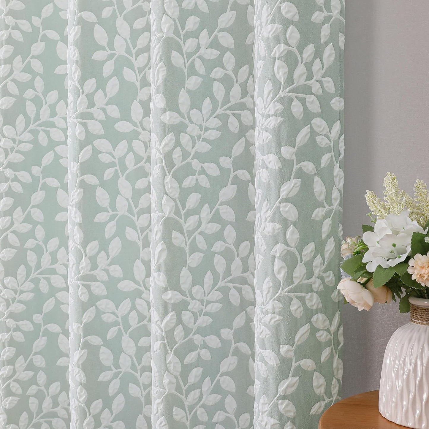 Anna White Green Valances for Windows 14 Inches Long 1 Pieces, Light Filtering Soft 3D Embossed Textured Fabric Curtains for Bedroom Basement Small Windows, 56Wx14L Inches