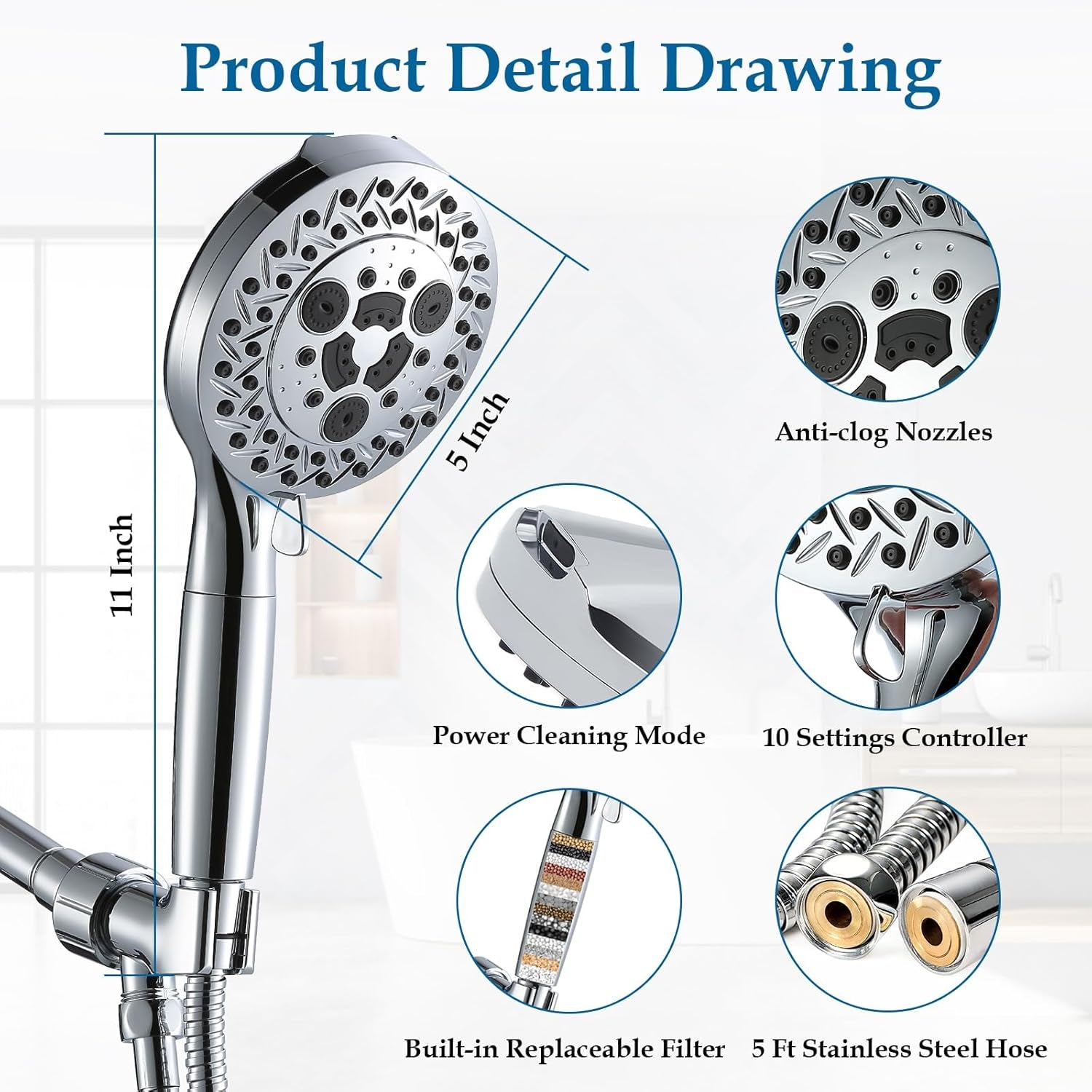 10 Settings Shower Head with Handheld, 5" High Pressure Showerhead Include 2 Powerful Wash Modes for Cleaning Bathroom, Hand Held Shower Head Set with Stainless Steel Hose Filter for Hard Water