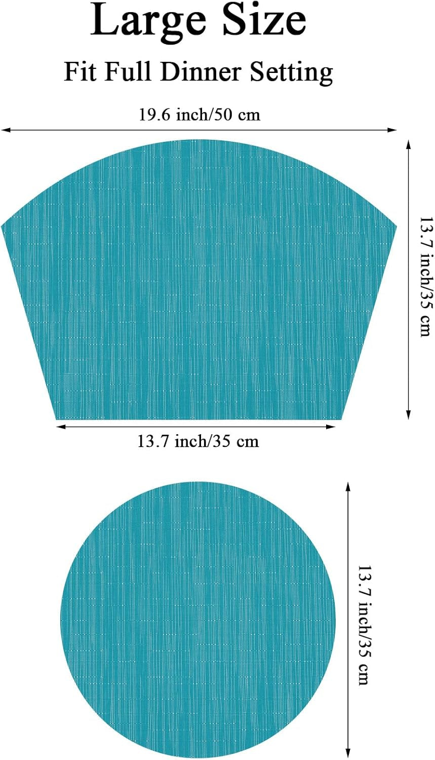 Large Size Wedge Placemats with Centerpiece Set of 5, PVC Woven Vinyl Place Mats for round Table Washable Indoor Outdoor Table Placemats, Blue