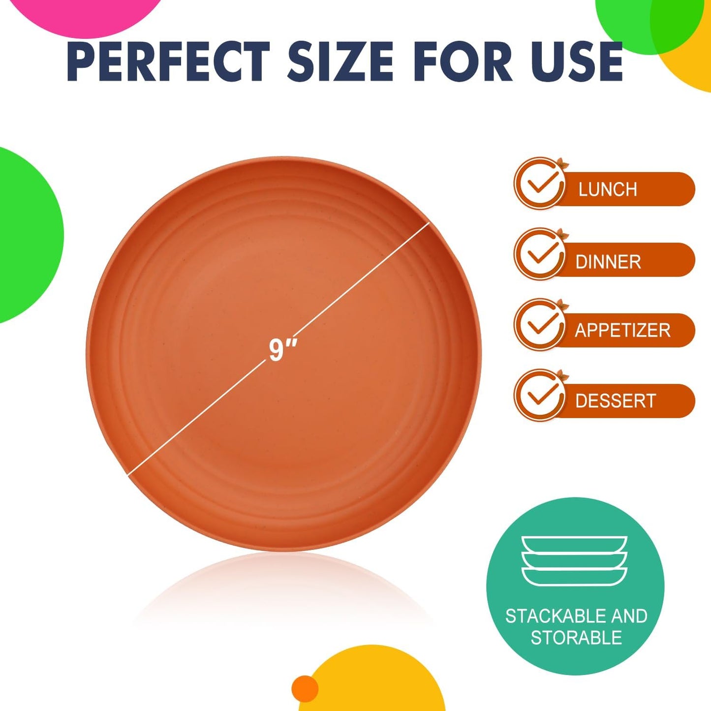 Set of 8 Deep Wheat Straw Dinner Plates - Unbreakable, Microwave and Dishwasher Safe, 9 Inch, Available in 4 Classic Bright Colors