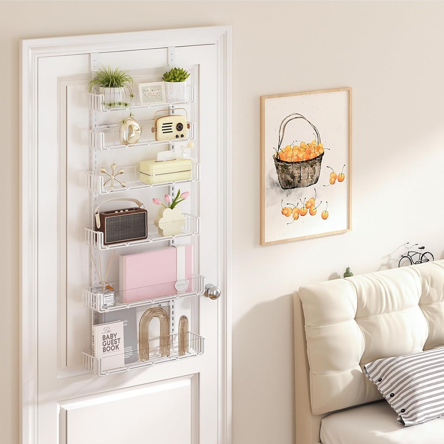 Adjustable over the Door Pantry Organizer with Clear Acrylic Panel, 6-Tier Pantry Organization and Storage for Kitchen, Hanging Spice Rack Seasoning Shelves for Cabinet, Easy Install, White