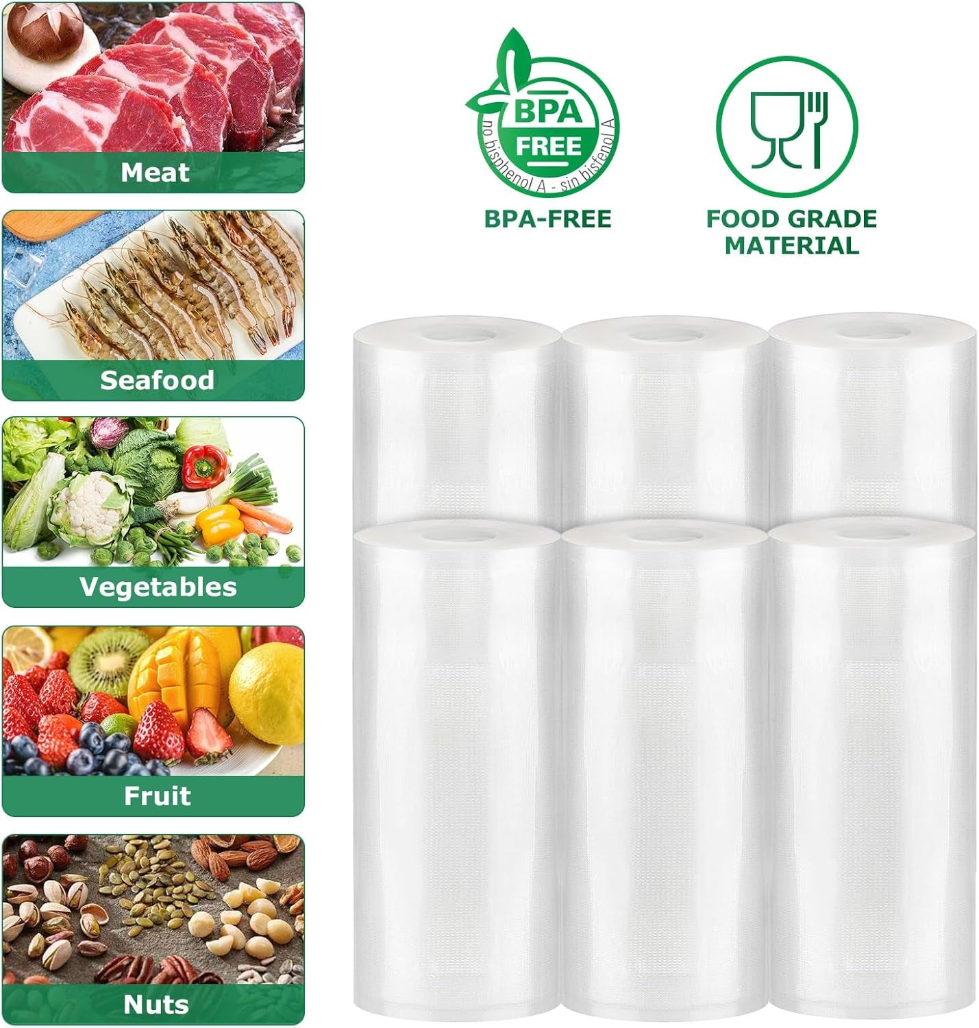 Vacuum Sealer Bags Food Rolls 6 Packs - 8" X 20' & 11" X 20', Commercial Grade Seal a Meal Bags for Storage Food and Sous Vide, BPA Free, Customized Size for Vacuum Sealer