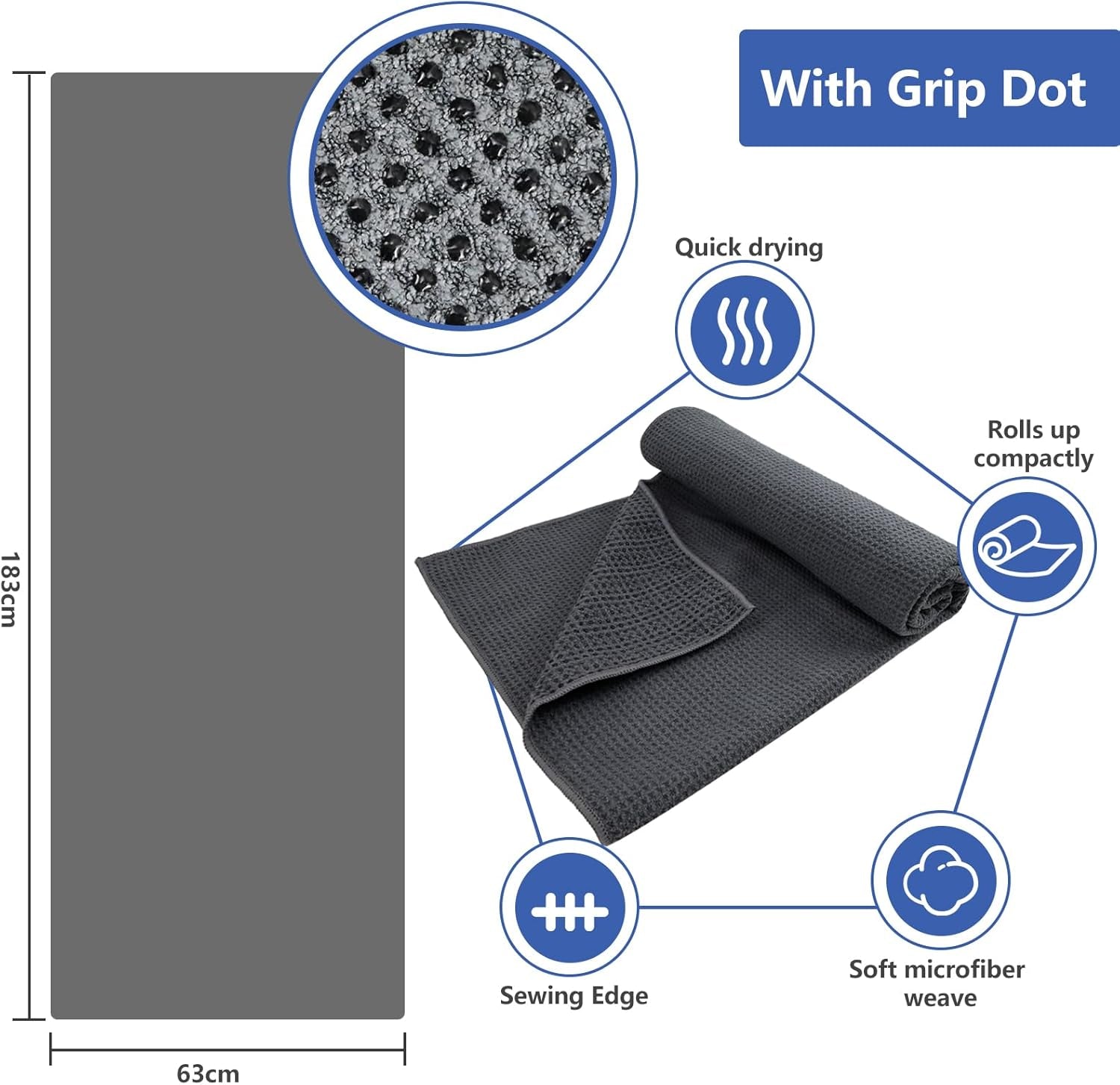Hot Yoga Towel - Microfiber Non Slip Yoga Mat Towel with Grip Dot Sweat Absorbent Towel for Hot Yoga, Pilates and Fitness 72" X 24", Grey