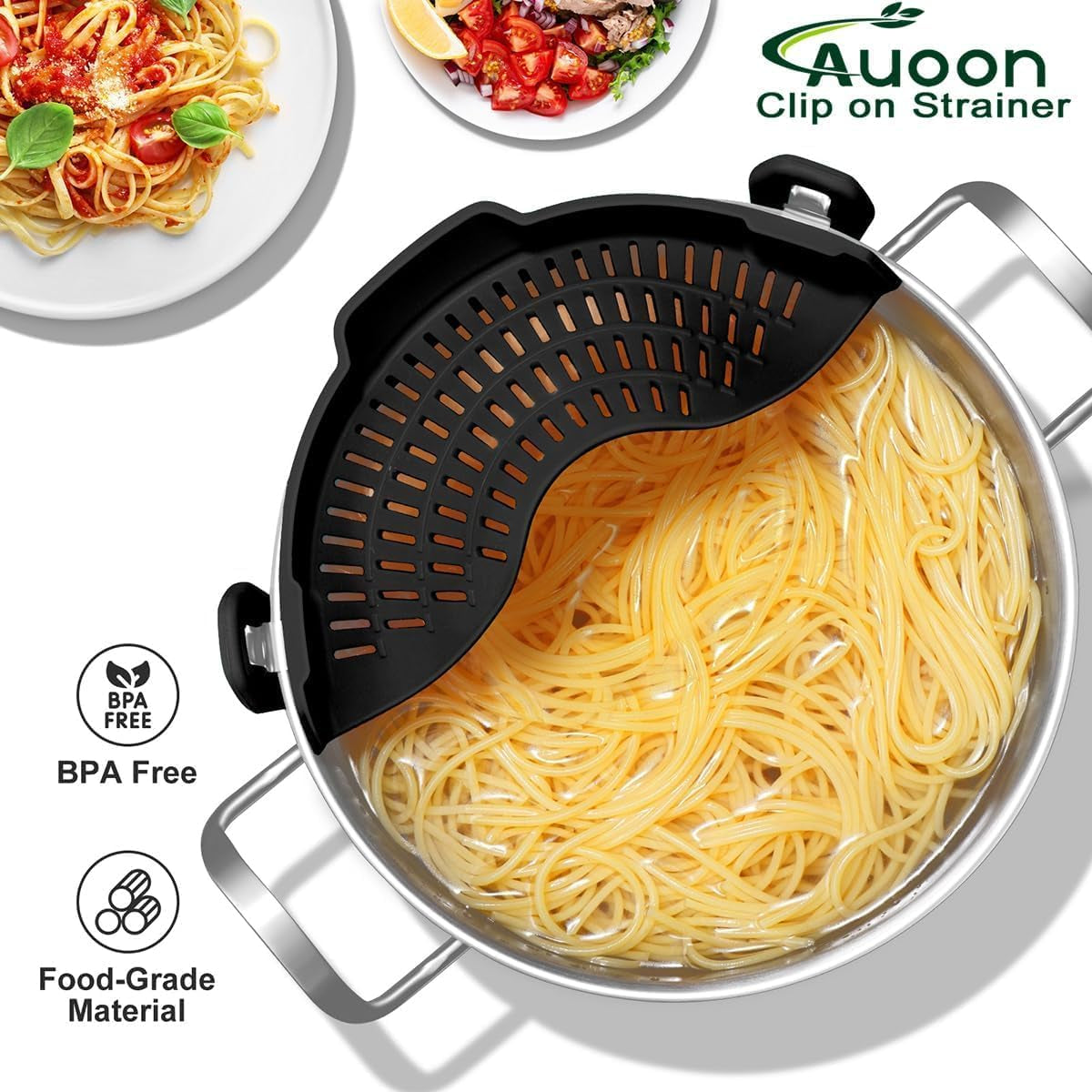 2PACK Clip on Strainer for All Pots Pans - Silicone Kitchen Colander Food Strainer for Pasta Meat Vegetable Fruits | Easy to Use and Store, Dishwasher Safe (Blackred)