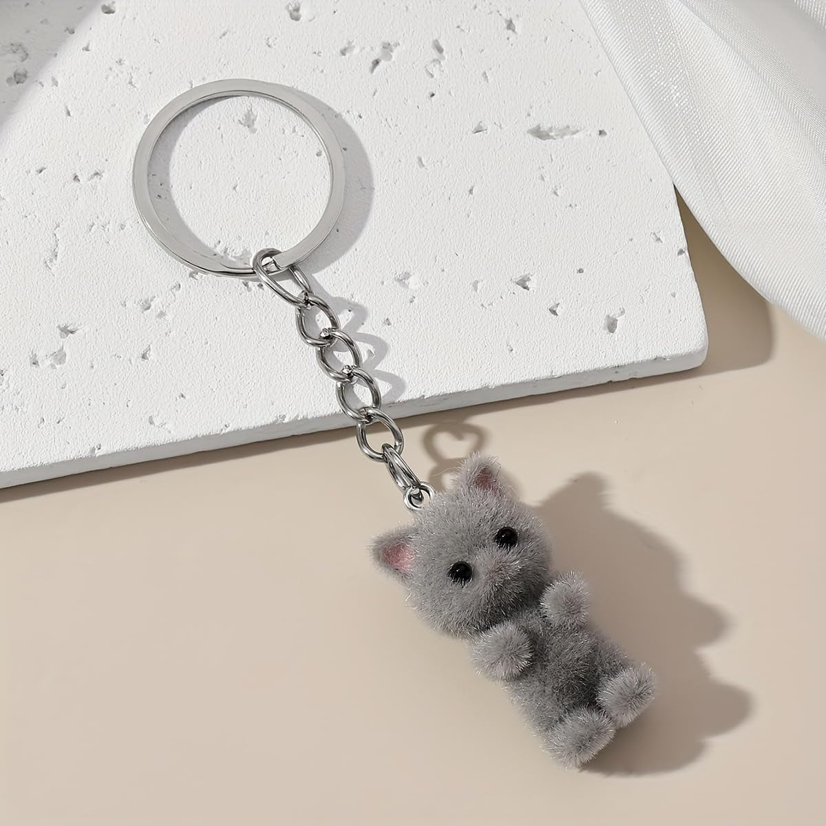 Cute Cat Keychain Fluffy Gray Kitten Animal Resin Key Chain Ring Purse Bag Backpack Charm Earbud Case Cover Accessories