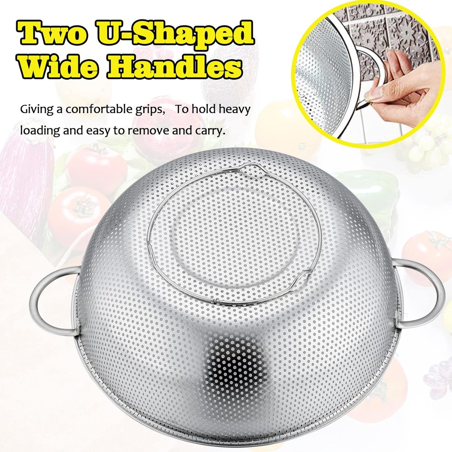 Stainless Steel Colander, Micro-Perforated Food Strainer with Handle for Washing Draining, Great for Pasta Fruits Vegetables, Dishwasher Safe & Healthy, 1 +3 Qt, 2Pcs